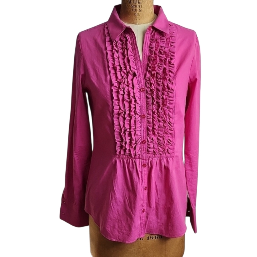 DKNY Pink Ruffled Bib Cotton Blend Long Sleeve Blouse S Cottagecore Office